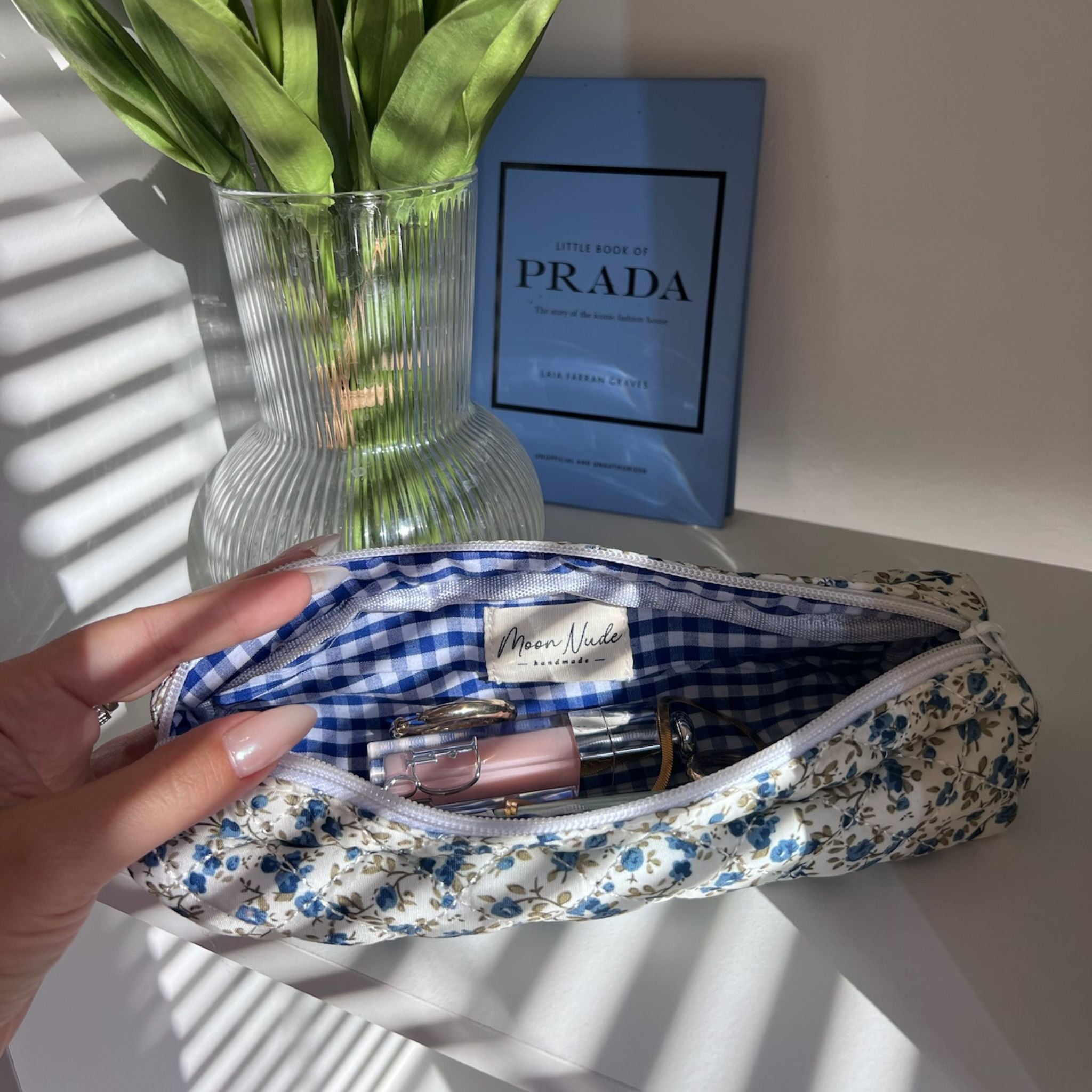 Prada gingham makeup outlet bag