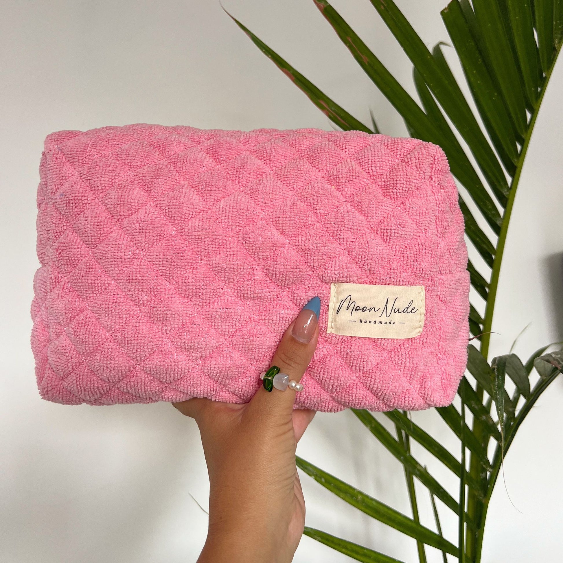 Handmade Pink Terry Cloth Quilted Cosmetic Bag/ Travel Bag/ Toiletry Bag/  Makeup Bag/ Beauty Bag 